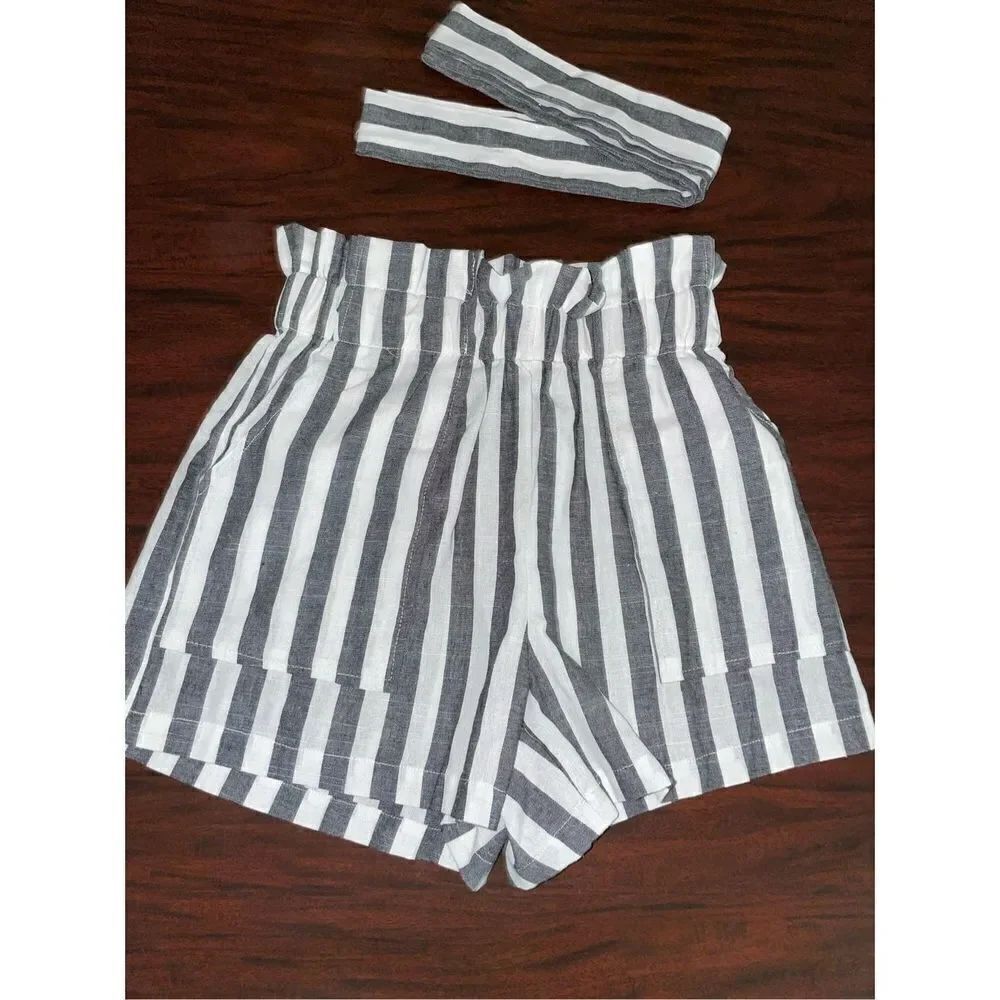 Shein VCAY Stripe Rolled Hem Paperbag Belted Shorts